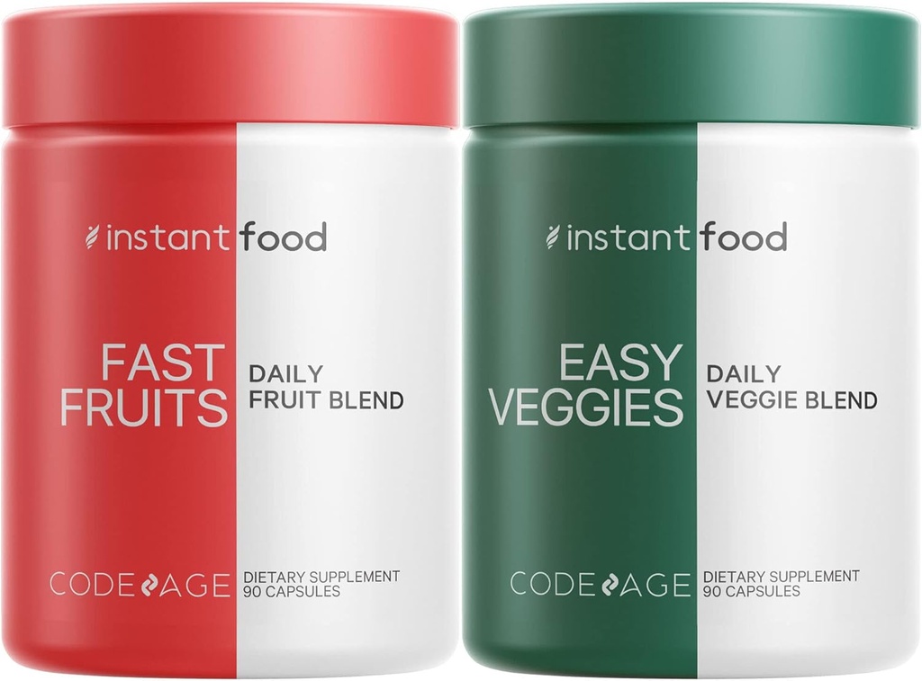 Codeage Instantfood Easy Veggies + Hızlı Meyveler Vitaminleri, 30+ Günlük Sebzeler ve Meyveler Tozlar, Tüm Gıda Yeşil, Multivitamin, Fibers, Vegan Superfood Minerals Supplement - 180 Capsules