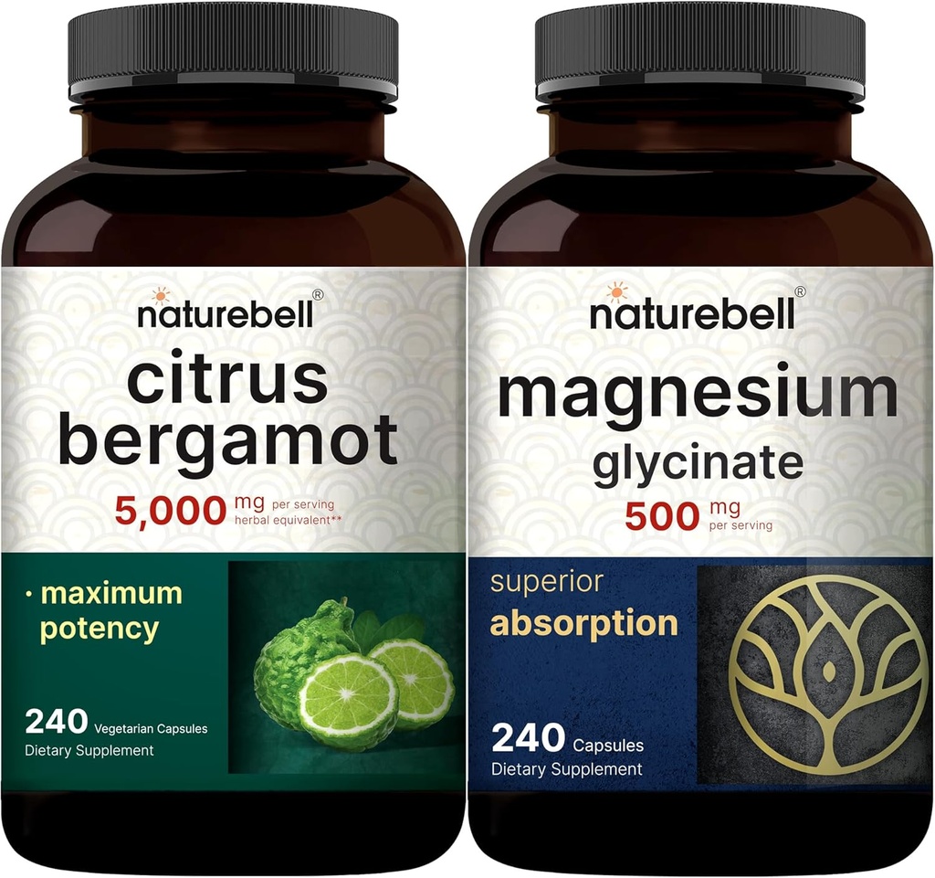 DoğaBell Magnezyum Glycinate Capsules 500 mg & Citrus Bergamot Veggie Capsules 5.000 mg Eşdeğer Grafik Paketi | Chelated & Purified Mineral | High Antioksi Seviye