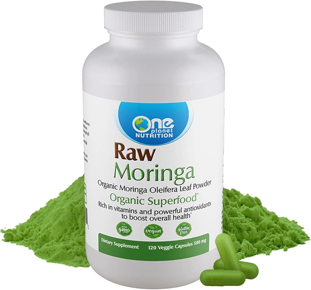 One Planet Nutrition Moringa 500 mg Veggie Capsules (120 Hizmet) Raw Organic Moringa Leaf, Vitaminler, Mineraller ve Bitki Proteinleri Beslenme Desteği, Non-GMO, Vegan, Gluten-Free