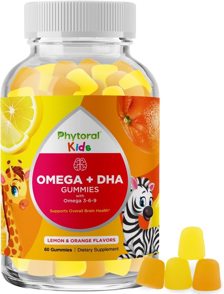 Çocuklar Omega DHA Gummies - Fatty Asits Omega 3 6 9, Beyin Için C vitamini, Immunity & Vizyon - Sağlıklı Nervous Sistem ve Oda Desteği için Beslenme DHA - Fish Free & Vegan - 60 Chews