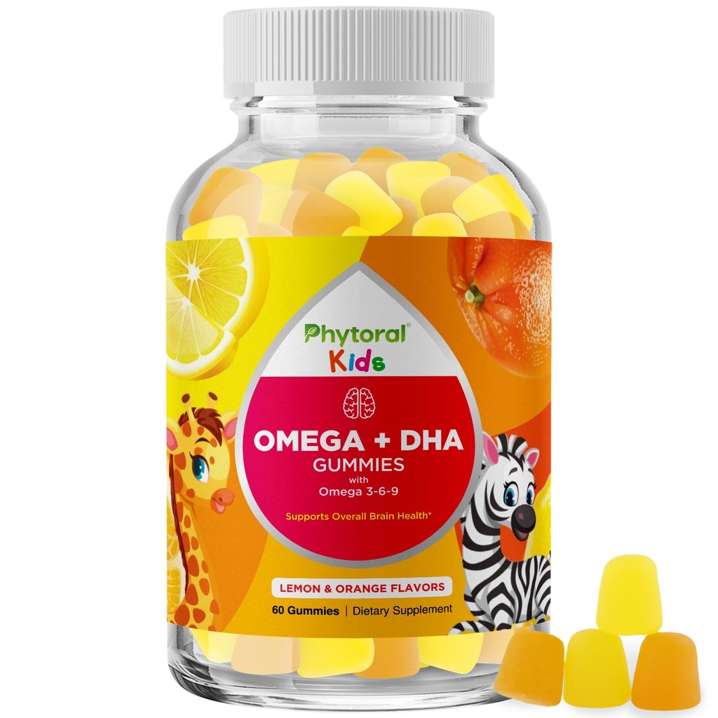 Çocuklar Omega DHA Gummies - Fatty Asits Omega 3 6 9, Beyin Için C vitamini, Immunity & Vizyon - Sağlıklı Nervous Sistem ve Oda Desteği için Beslenme DHA - Fish Free & Vegan - 60 Chews