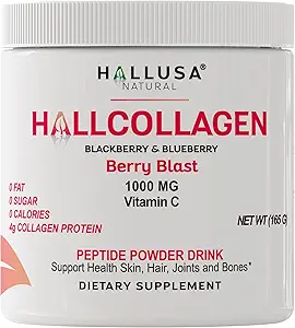 Hallusa Natural Hydrolyzed Collagen BlackBerry Toz 1000 mg with Vitamin C | BlackBerry & Blueberry Flavor | 4g Collagen per Service | Sağlıklı Saç, Skin, Nails, Bone & Ortak Destek