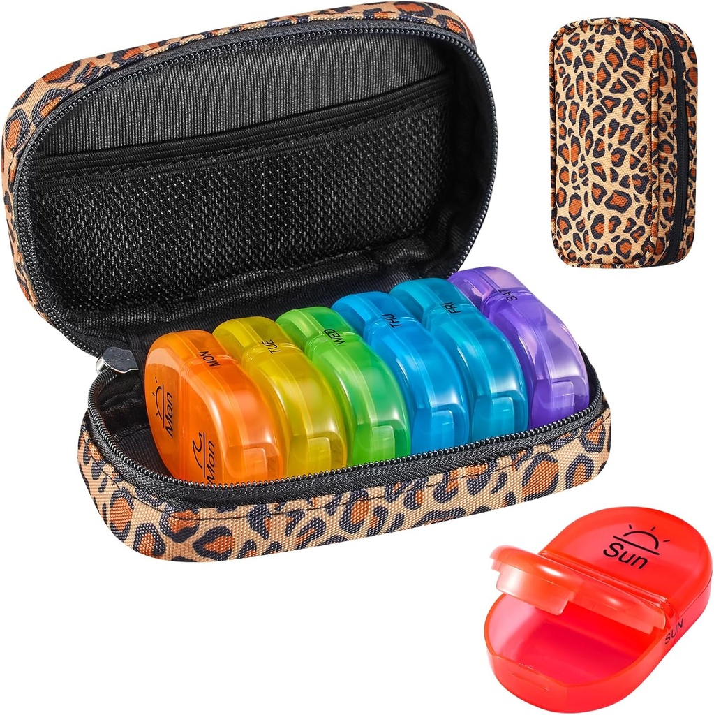 Serfeymi Weekly Travel Pill Organizer 2 Times A Day AM PM Yükseltd Rainbow Pill Box 7 Day with Portreatif Hologram Kanları, Vitaminler, Balık Yağları - Brown 01