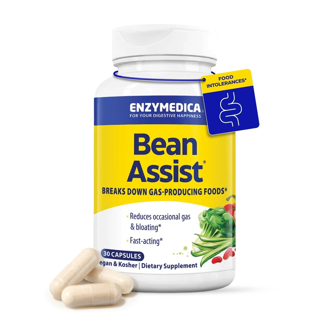 Enzymedica, BeanAssist, Alfa Galactosidase Enzyme for Digestive Support, Beans Occasional Gas & Bloating from Beans, Broccoli & Legumes, Digestive Enzymes for Women & Men, 30 Countive Enzyme