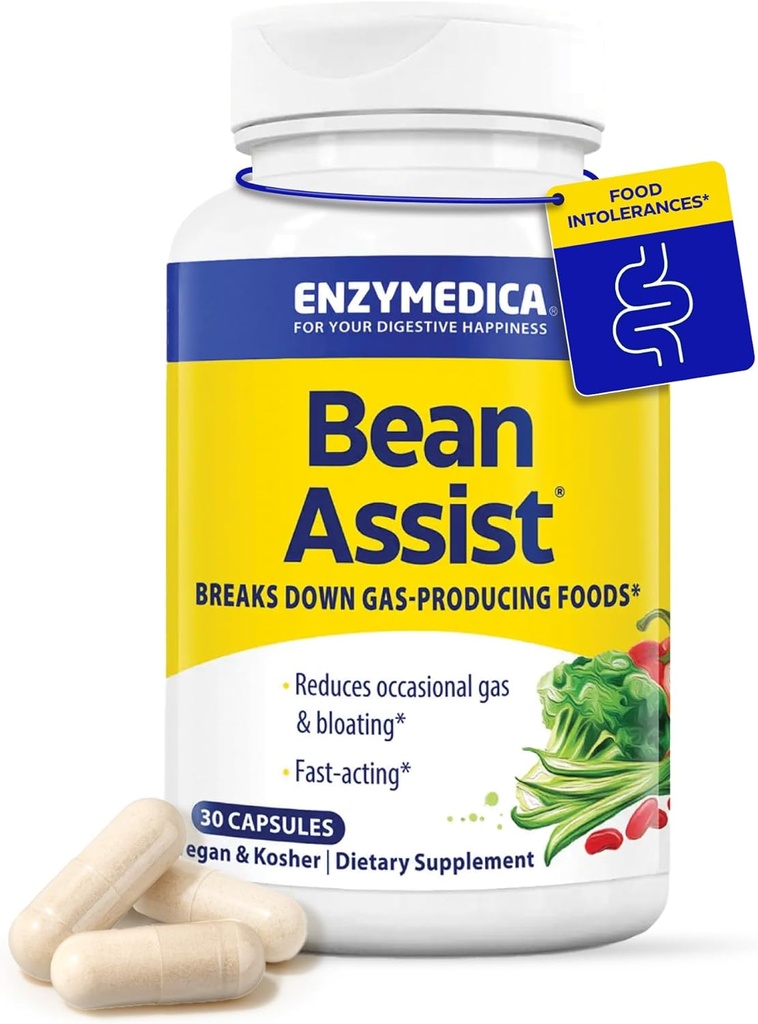Enzymedica, BeanAssist, Alfa Galactosidase Enzyme for Digestive Support, Beans Occasional Gas & Bloating from Beans, Broccoli & Legumes, Digestive Enzymes for Women & Men, 30 Countive Enzyme