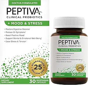 Peptiva Probiotics Mood & Stress - Άγχος και υποστήριξη Mood, Digestive Support, Υγεία Gut, 25 δισεκατομμύρια CFU, Πολυ- Στραγγιστικά Προβιοτικά, Lactobacillus Acidophilus, Bifidobacterium - 30 Κάψουλες
