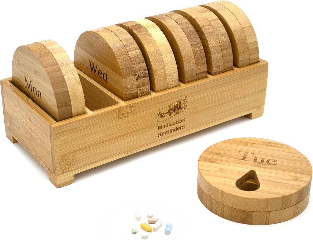 e-Pill Bamboo Haftalık Pill Organizer, 7 Günlük Pill Box for Tabletler, Vitaminler veya Supplements için
