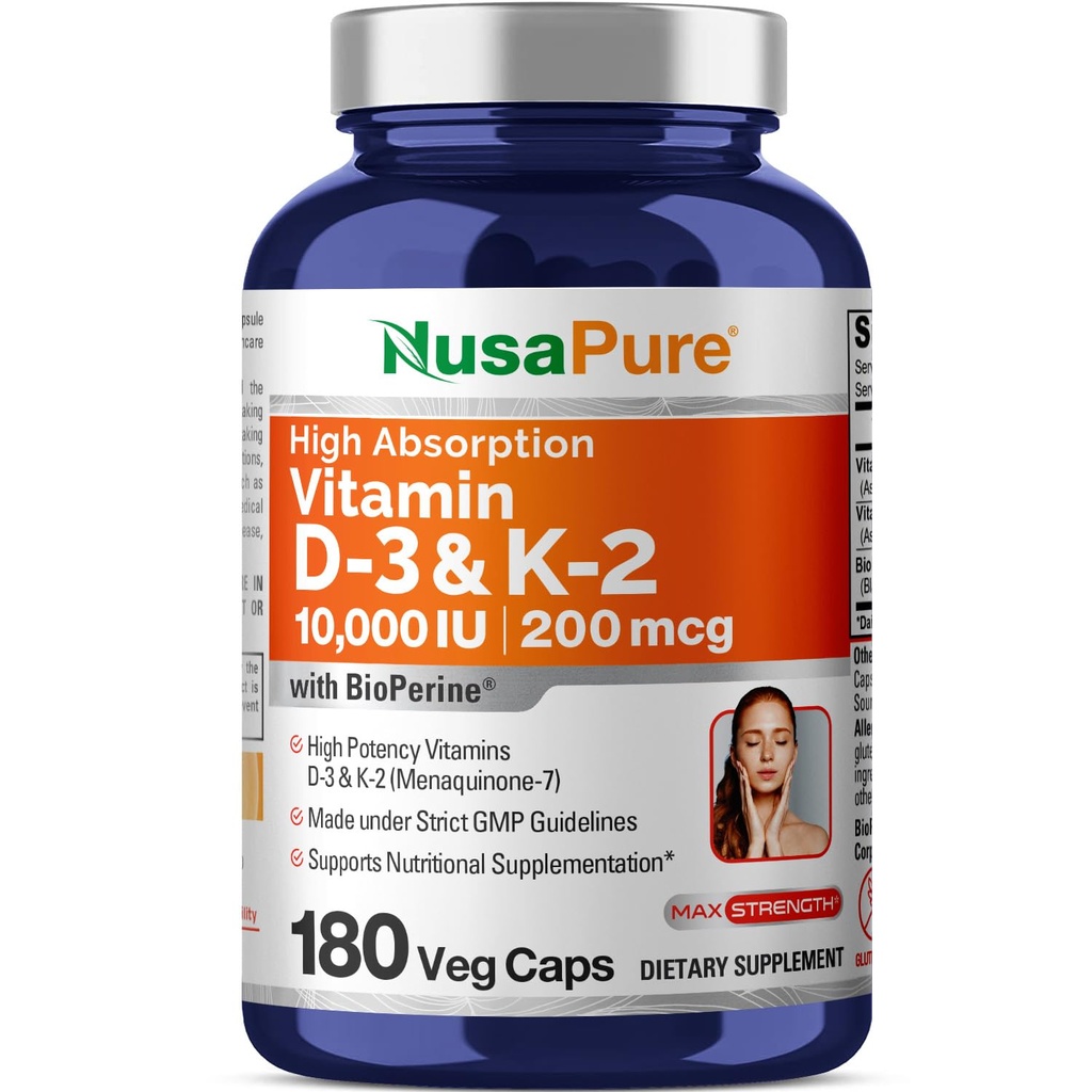 NusaPure Βιταμίνη K2 (MK7) (200mcg) + Βιταμίνη D3 (10000 IU) 180 Veg Caps - Βιοπερίνη, Χωρίς σόγια, Μη ΓΤΟ