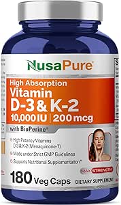 NusaPure Vitamin K2 (MK7) (200mcg) + Vitamin D3 (10000 IU) 180 Veg Caps - Bioperine, Soyfree, Non-GMOMO