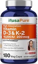 NusaPure Vitamin K2 (MK7) (200mcg) + Vitamin D3 (10000 IU) 180 Veg Caps - Bioperine, Soyfree, Non-GMOMO