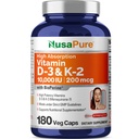NusaPure Vitamin K2 (MK7) (200mcg) + Vitamin D3 (10000 IU) 180 Veg Caps - Bioperine, Soyfree, Non-GMOMO