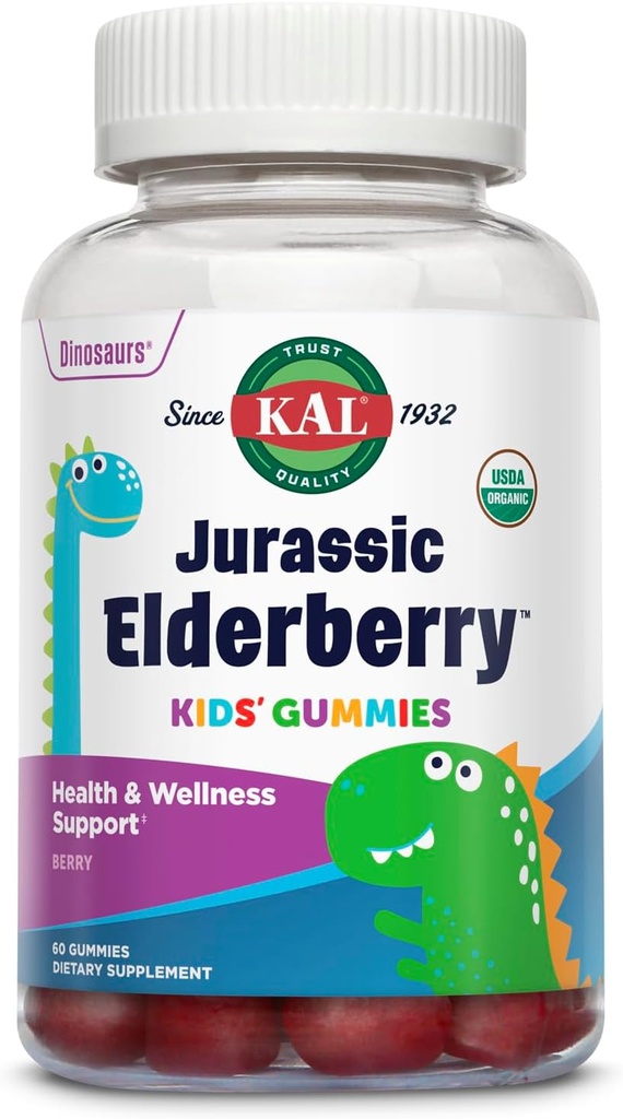 KAL Jurassic Elderberry Kids Gummies | Sağlıklı Immune Desteği | USDA Organik, Vegan, Gluten Free | 30 Serv, 60 Ctt