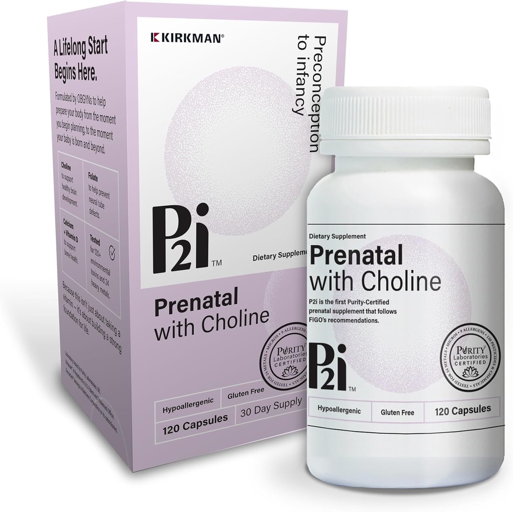 Kirkman P2i Prenatal Vitamins for Women, Multivitamin with Choline, 120 Capsules, Vital Daily Nutritional Support for Healthy Mother & Baby, OBGYN Formulated & Endorsed, Hypoallergenic & Gluten-Free