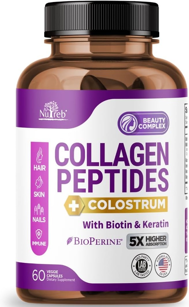 Colostrum, Biotin ve Keratin ile Kadınlar için Collagen Peptides - Tip I, II, III, V, X - 5X Yüksek Aborpsiyon - Saç Skin ve Nails Vitaminleri - Kadın için Collagen - 60 Capsules