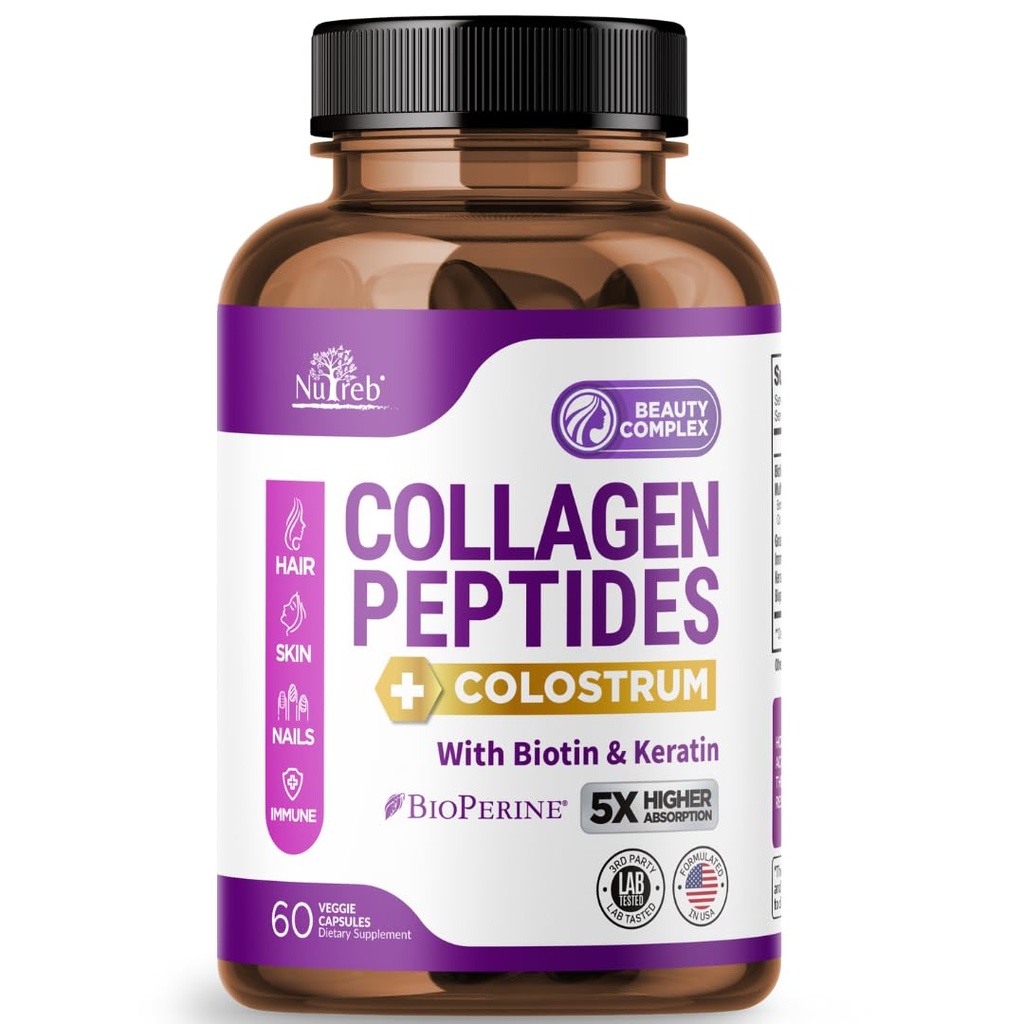 Colostrum, Biotin ve Keratin ile Kadınlar için Collagen Peptides - Tip I, II, III, V, X - 5X Yüksek Aborpsiyon - Saç Skin ve Nails Vitaminleri - Kadın için Collagen - 60 Capsules