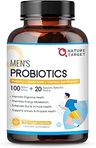 NATURE TARGET Probiotics for Men Digestive Health with Enzymes& Prebiotics, 100 Billion CFUs, Men's Probiotics with Saw Palmetto & Cranberry for Prostate & Urinary Tract Health, 90 VeggieCapsules