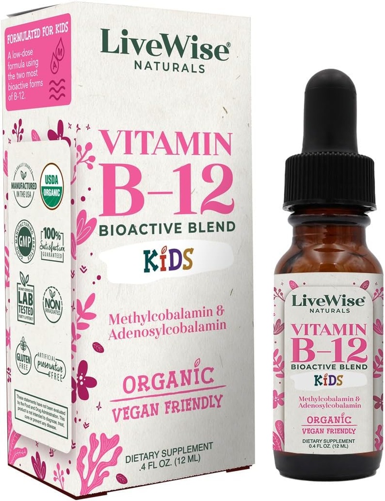 Çocuklar için Doğal Vitamin B12 Sıvı Ölçeği | Toddler ve Çocuklar I Me Metilcobalamin ve Adenosylcobalamin | USDA Organic I Vegan | Non-GMO | Gluten Free | Low Dose