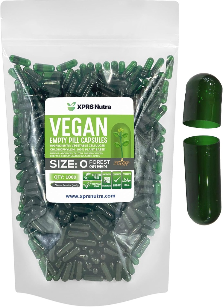 XPRS Nutra Boyutu 0 Boş Kapsüller - 1000 Kont Boş Vegan Capsules - Vejetaryen Pills for DIY Sebze Kapsülü - Veggie Pill Caps (Forest Green)
