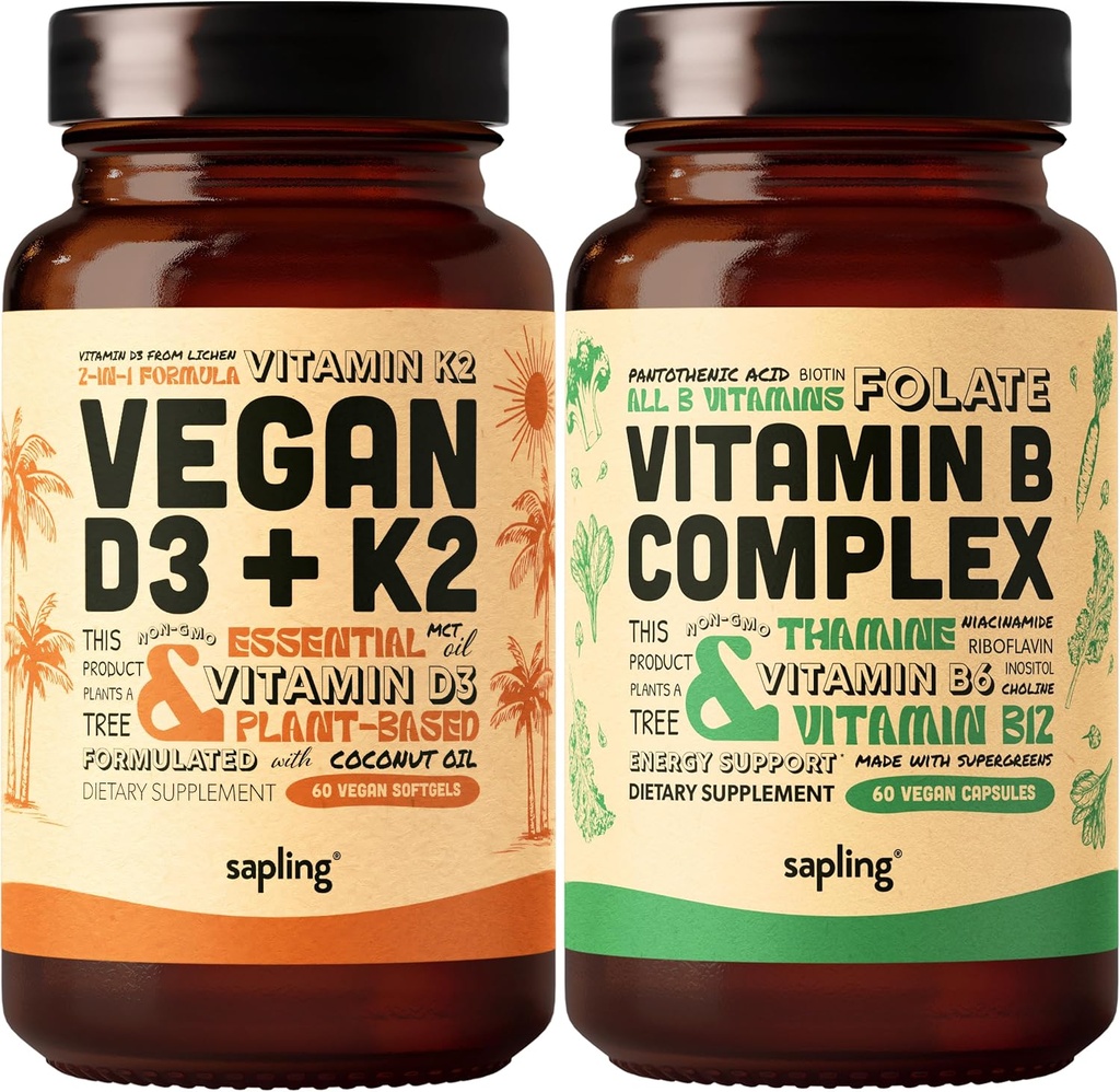 Sapling Vegan Vitamin D3 + K2 & Vitamin B Complex Bundle - 4000 IU Βιταμίνη D3 και 100mcg Βιταμίνη K2 ως Mk7, Ουσιώδεις Βιταμίνες Β με Ολόκληρη τη Μείξη Τροφίμων, B1, B2, B3, B5, B6, B7, Folate