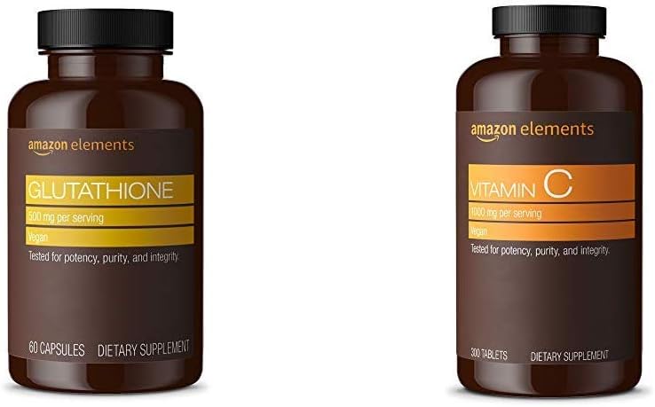 Elements Glutathione, 500 mg, 60 Capsules, 2 Ay Supply & Vitamin C 1000 mg, Vegan, 300 Tablet, 10 Ay Supply