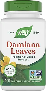 Nature's Way Damiana Leaves, Traditional Libido Support*, 600 mg per 2-Capsule Serving, Non-GMO Project Verified, Vegan, 100 Capsules (Packaging May Vary)