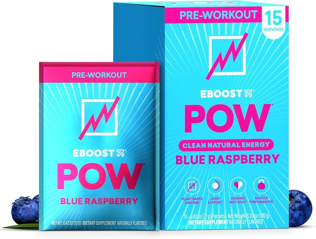 EBOOST POW Φυσική προ προπόνησης σε σκόνη - 15 πακέτα, μπλε σμέουρο - Preworkout Energy Booster Γυμναστήριο συμπλήρωμα ποτό Mix για άνδρες και γυναίκες - Απόδοση, κοινή υποστήριξη κινητικότητας - Χωρίς γλουτένη
