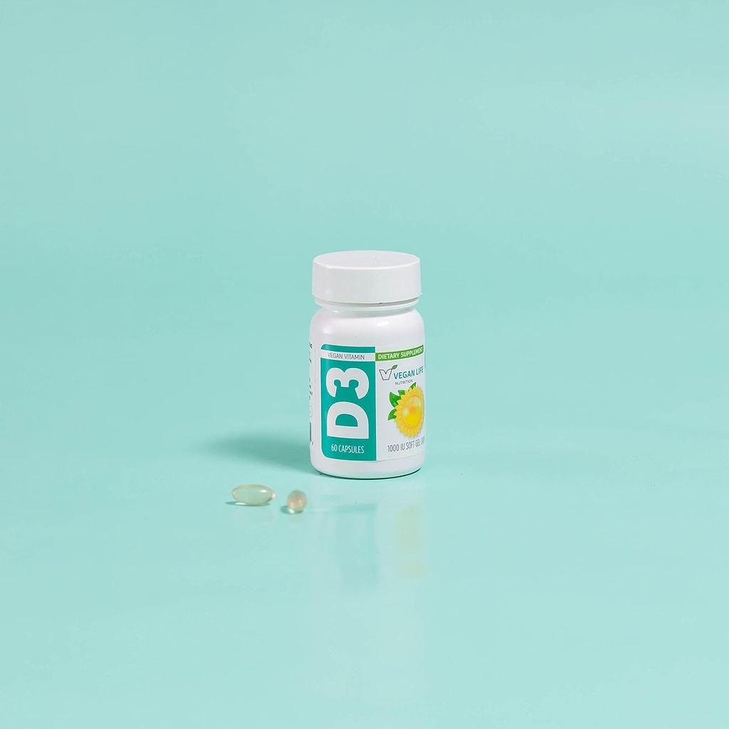 Vegan Life Beslenme - Yetişkinler için D3 Günlük Kapsüller (1000 IU) - Gluten-Free, Non-GMO, Supports Bone Health and Immune System - 60 Capsules