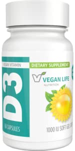 Vegan Life Beslenme - Yetişkinler için D3 Günlük Kapsüller (1000 IU) - Gluten-Free, Non-GMO, Supports Bone Health and Immune System - 60 Capsules