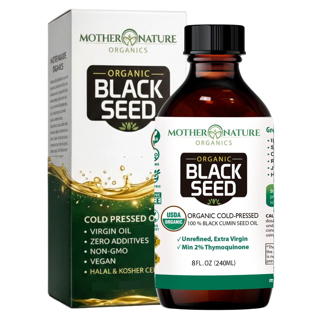 Mother Nature USDA Organic Black Seed Oil, High TQ 2, Cold Pressed, Unrefined Nigella Sativa, Omega 3 6 9 for Immune, Joint & Heart Support, Hair & Skin, Non-GMO, Glass Şişe (8oz)