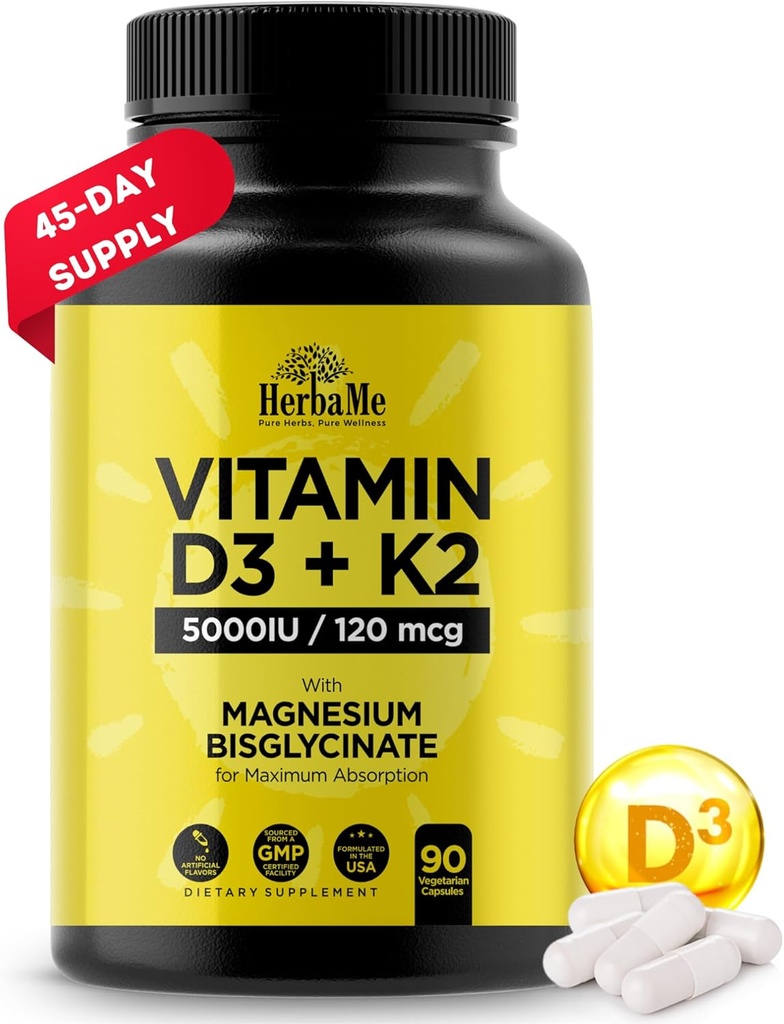 Βιταμίνη D3 5000 IU + K2 με Διγλυκινικό μαγνήσιο για Max Απορρόφηση 