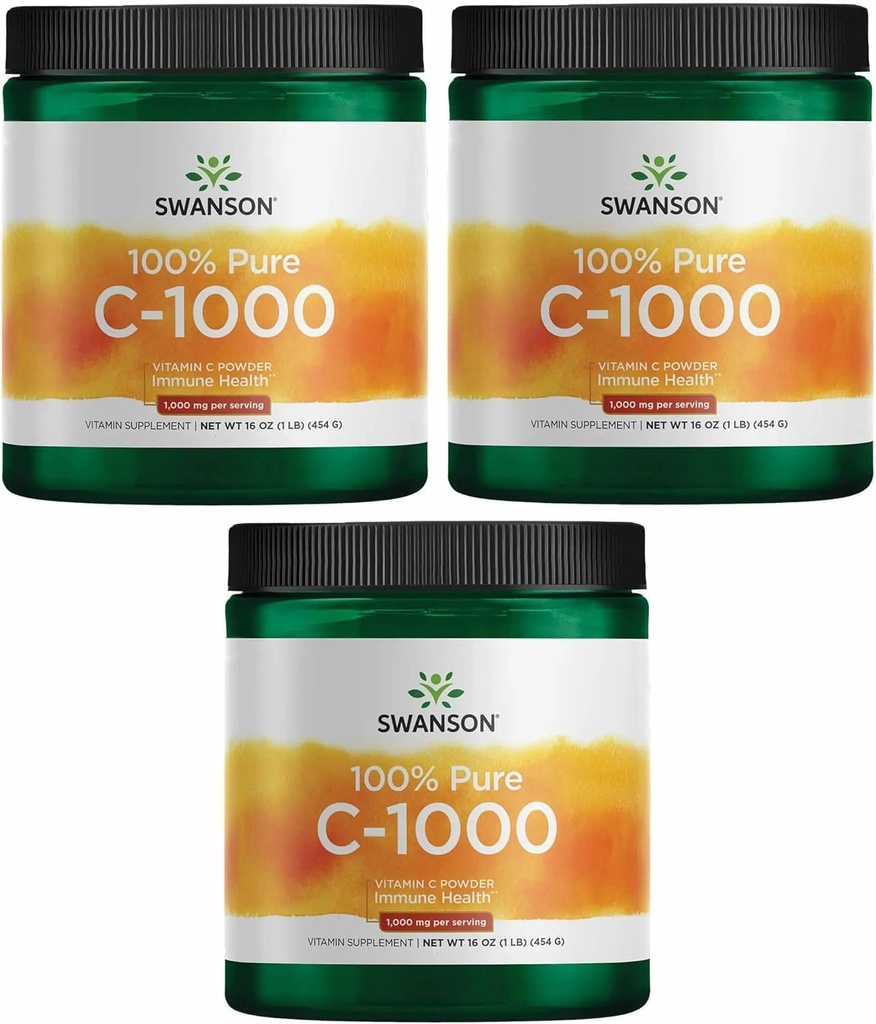 Swanson Vitamin C Powder 100% Καθαρό Ασκορβικό Οξύ, Υποστήριξη ανοσοποιητικού Συστήματος, Υγεία του δέρματος, Καρδιαγγειακή Υγεία, Συμπλήρωμα Αντιοξειδωτικών 1000 mg (ανά υπηρεσία) 1 lb. 454 g (3 Pack)