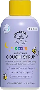 Beekeeper's Naturals Propolis Honey Cough Syrup Nighttime for Kids Immune Support with Propolis, Elderberry & Raw Honey - Υποστήριξη ύπνου με χαμομήλι & L-Theanine - Χωρίς γλουτένη, 4 oz.