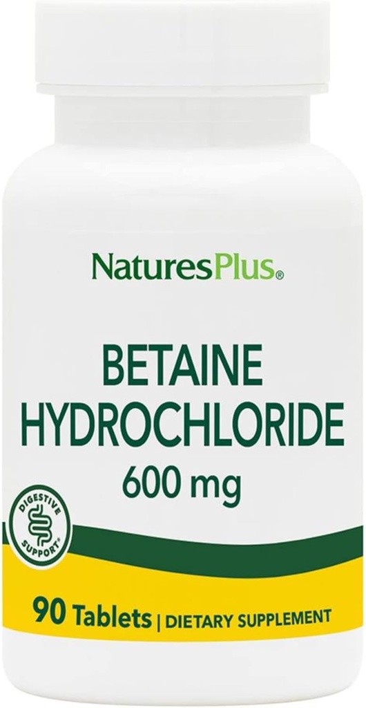 NaturesPlus Betaine HCl (Hydrochloride) - 600 mg, 90 Tablet - Digestive Support Supplement, Relieves Belirtileri Occasional Heartburn & Indigestion - Hipoallergenic, Gluten-Free - 90 Hizmet