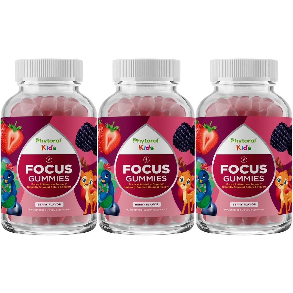 Vegan Kids Focus Gummies - Ισχυρή Μασώμενη υποστήριξη εγκεφάλου για τα παιδιά - Ενισχύει τη συγκέντρωση & τη μνήμη - Συμπληρώματα χαλάρωσης & Focus Gummies για τα παιδιά - Μη ΓΤΟ & χωρίς γλουτένη - 60 Count - 3 Pack