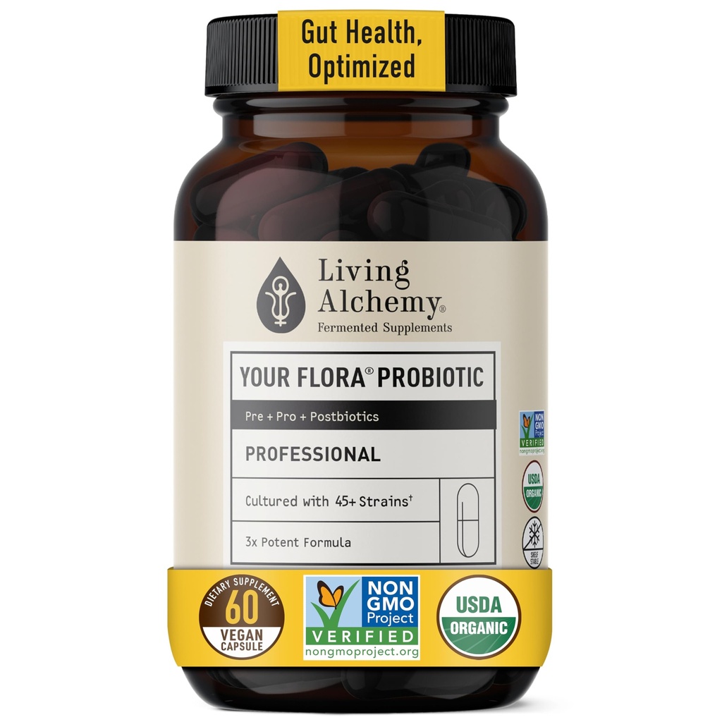 Erkekler ve Kadınlar için Alchemy Gut Health Supplements - Your Flora Probiyotik Profesyonel Digestion Supplement with Fermented Soybean, Prebiyotiks, Digestive Enzyme - Vegan, Non-GMO, 60 Adet