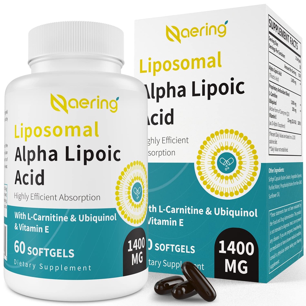 Liposomal Alpha Lipoic Acid 1400 mg Softgels, ALA Supplement with L-Carnitine 1000 mg, Ubiquinol (Active CoQ10) 100 mg ve Vitamin E 10 mg,Alpha-Lipoic Acid for Antioksis, Nerve,Energy 60 Softgels