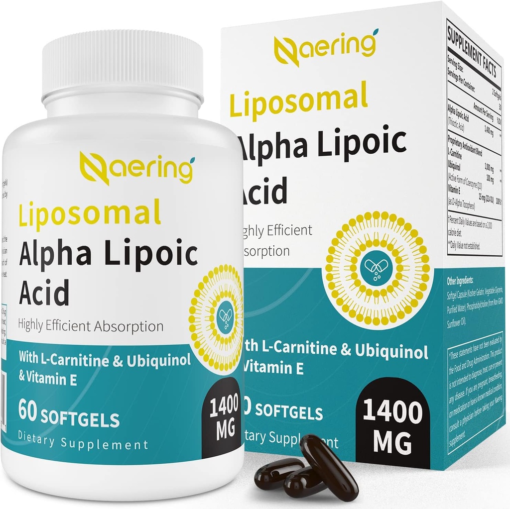 Liposomal Alpha Lipoic Acid 1400mg Softgels, ALA Supplement with L-Carnitine 1000mg, Ubiquinol (Active CoQ10) 100mg and Vitamin E 10mg,Alpha-Lipoic Acid for Antioxidants, Nerve, Energy 60 Softgels