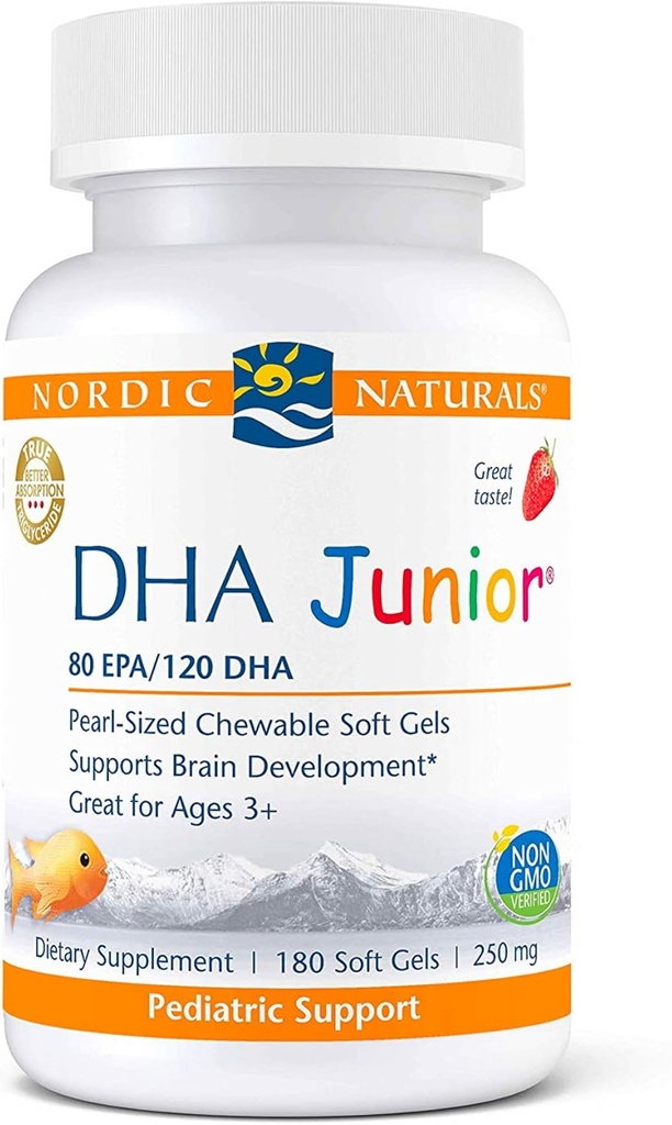Nordic Naturals Pro DHA Junior, Strawberry - 180 Mini Chewable Soft Gels - 250 mg Total Omega-3s with EPA & DHA - Brain Development & Visual Function - Non-GMO - 45 hizmet