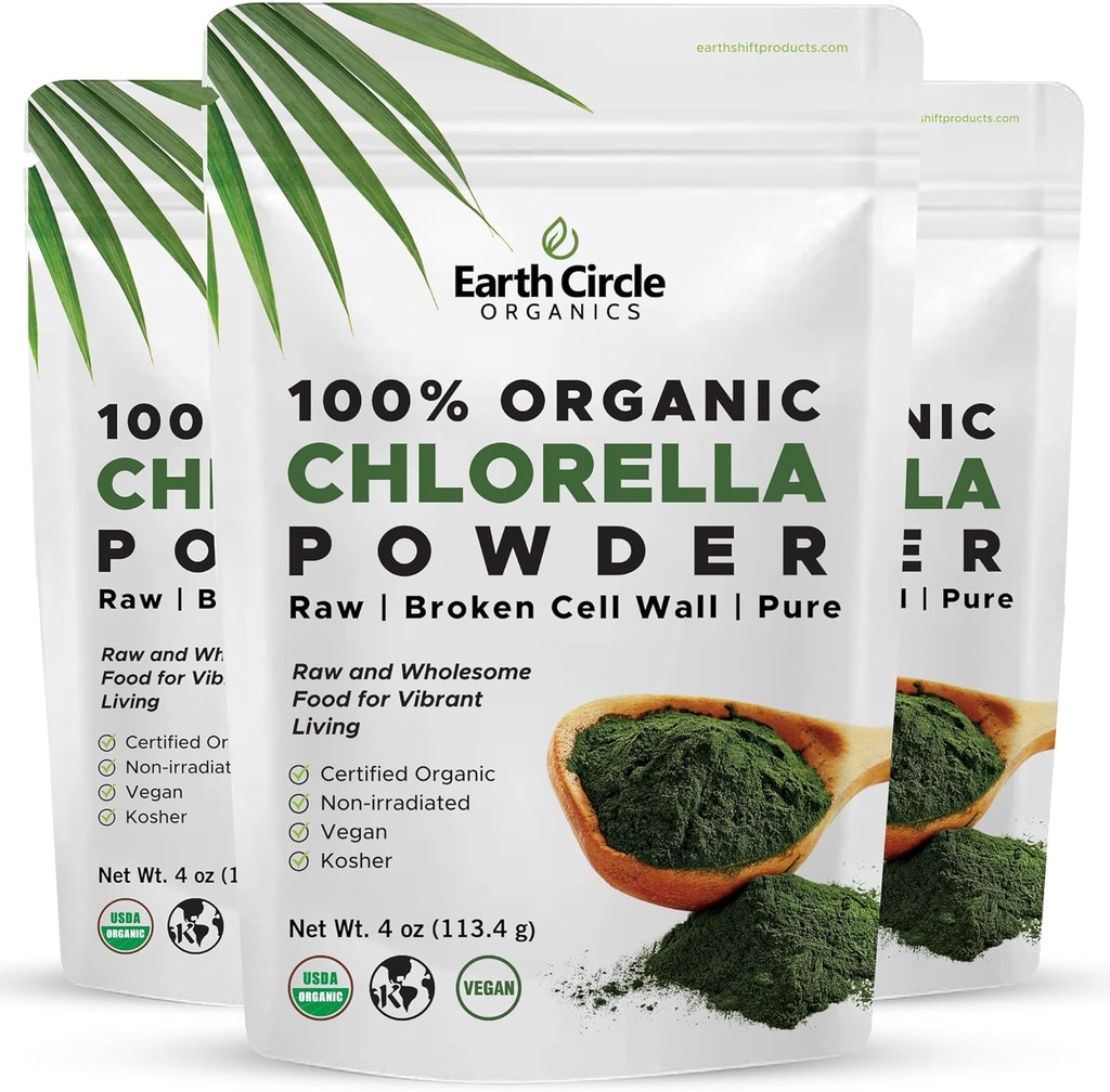 Earth Circle Organics Organic Chlorella Toz Superfood | Kosher | Kırık Hücre Duvar Klorophyll, Vegan, Super Green Algae, Clean Chlorella, Yüksek Protein, Fiber & Amino Asits - 4oz (3 Pack)
