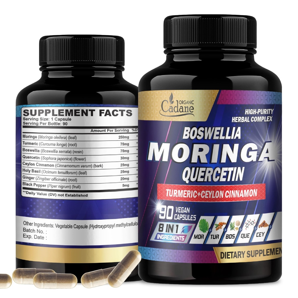 Organik Cadane Moringa Leaf with Turmeric, Boswellia, Quercetin, Ceylon Cinnamon, Holy Basil Ginger ve Black Pepper - 8in1 Supplements - 90 Veggie Capsules for 3Month Supply