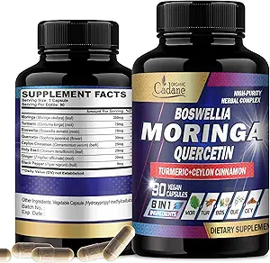 Organik Cadane Moringa Leaf with Turmeric, Boswellia, Quercetin, Ceylon Cinnamon, Holy Basil Ginger ve Black Pepper - 8in1 Supplements - 90 Veggie Capsules for 3Month Supply