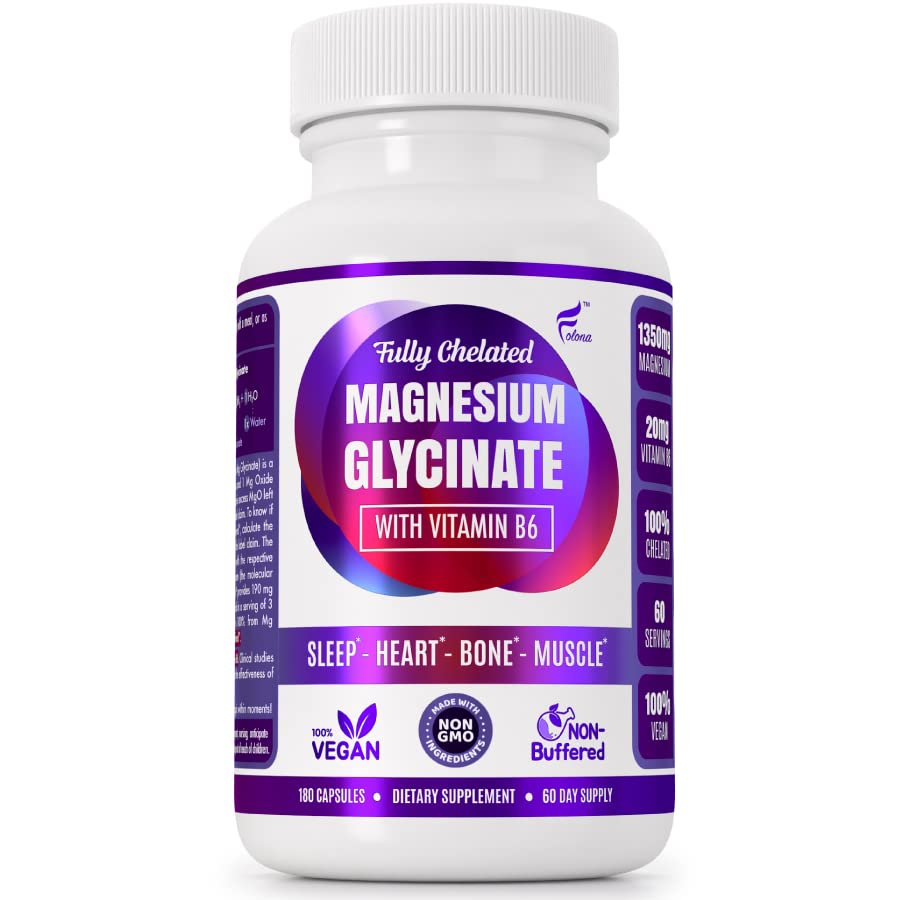 Magnezyum Glycinate B6 Research Proven to improve Abxia, 1350 mg Full Chelated - Destekler Uyku, Stres Yardımı, Enerji, Kas Cramps - Gluten Free, NonGMO, 180 Vegan Capsules