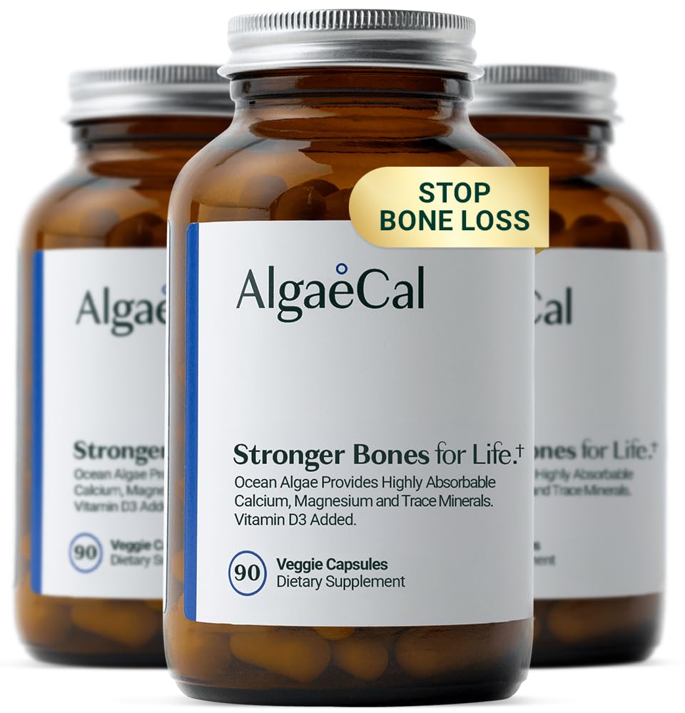ALGAECAL - Bitki Temelli Kalsiyum Supplement with Vitamin D3 (1000 IU) for Bone Strength, Contains 13 Minerals Supporting Bone Health, Organicuba (750 mg) for Women & Men, 90 Caps, 3 Ay Supply