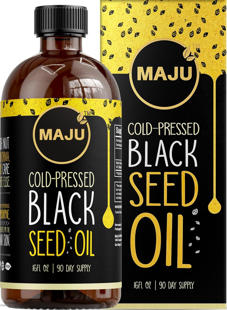 MAJU's Black Seed Oil 16oz: 3X Thymoquinone, Cold Pressed, %100 Türk Siyah Cumin Nigella Sativa Tohum Yağı (Better Than Organic), Non-GMO,% 100 Liquid Pure Blackseed Oil, Glass Şişe Şişe Şişe