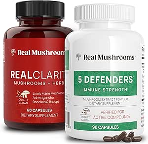 Real Mushrooms RealClarity (60ct) and 5 Defenders (90ct) Capsules Bundle - Mushroom Supplement for Mental Clarity, Focus & Immune Strength - Vegan, Non-GMO, Verified Levels of Beta-Glucans