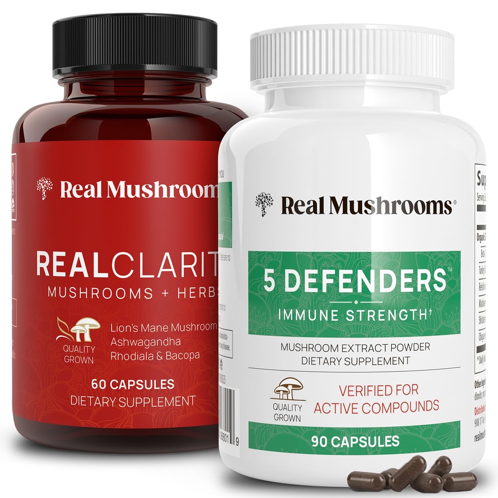 Real Mushrooms RealClarity (60ct) ve 5 Defenders (90ct) Capsules Sche - Mushroom Supplement for mental Clarity, Focus & Immune Strength - Vegan, Non-Glucans