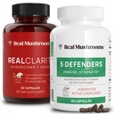 Real Mushrooms RealClarity (60ct) ve 5 Defenders (90ct) Capsules Sche - Mushroom Supplement for mental Clarity, Focus & Immune Strength - Vegan, Non-Glucans