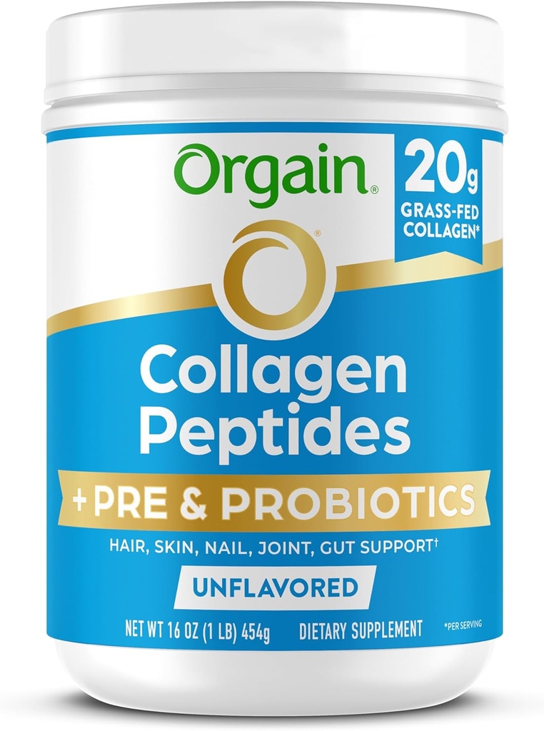 Orgain Hydrolyzed Collagen Peptides + Prebiotic & Probiotics Σκόνη για γυναίκες & άνδρες, 20g Grass Fed Collagen, 1 Billion CFU - Υποστηρίζει Digestive, Hair, Skin & Joint Health, Non-GMO, Type I & III, 1lb