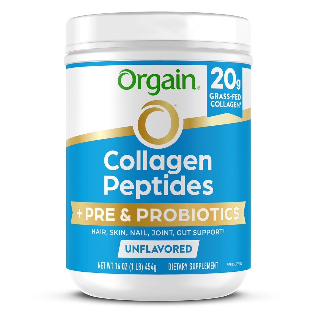 Orgain Hydrolyzed Collagen, + Prebiyotik & Probiyotiks Toz for Women & Men, 20g Grass Fed Collagen, 1 Milyar CFU - Destekler Digestive, Hair, Skin & Ortak Sağlık, Non-GMO, Tip I & III, 1lb