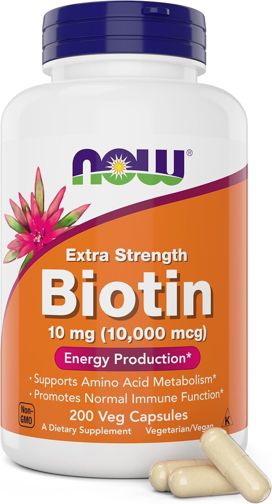NOW Foods Extra Strength Biotin 10.000mcg / 10 mg - 200 Count - Μαλλιά, δέρμα, νύχια - Συμπλήρωμα για άνδρες και γυναίκες - B7 Βιταμίνη - χορτοφάγοι, Vegan, μη ΓΤΟ